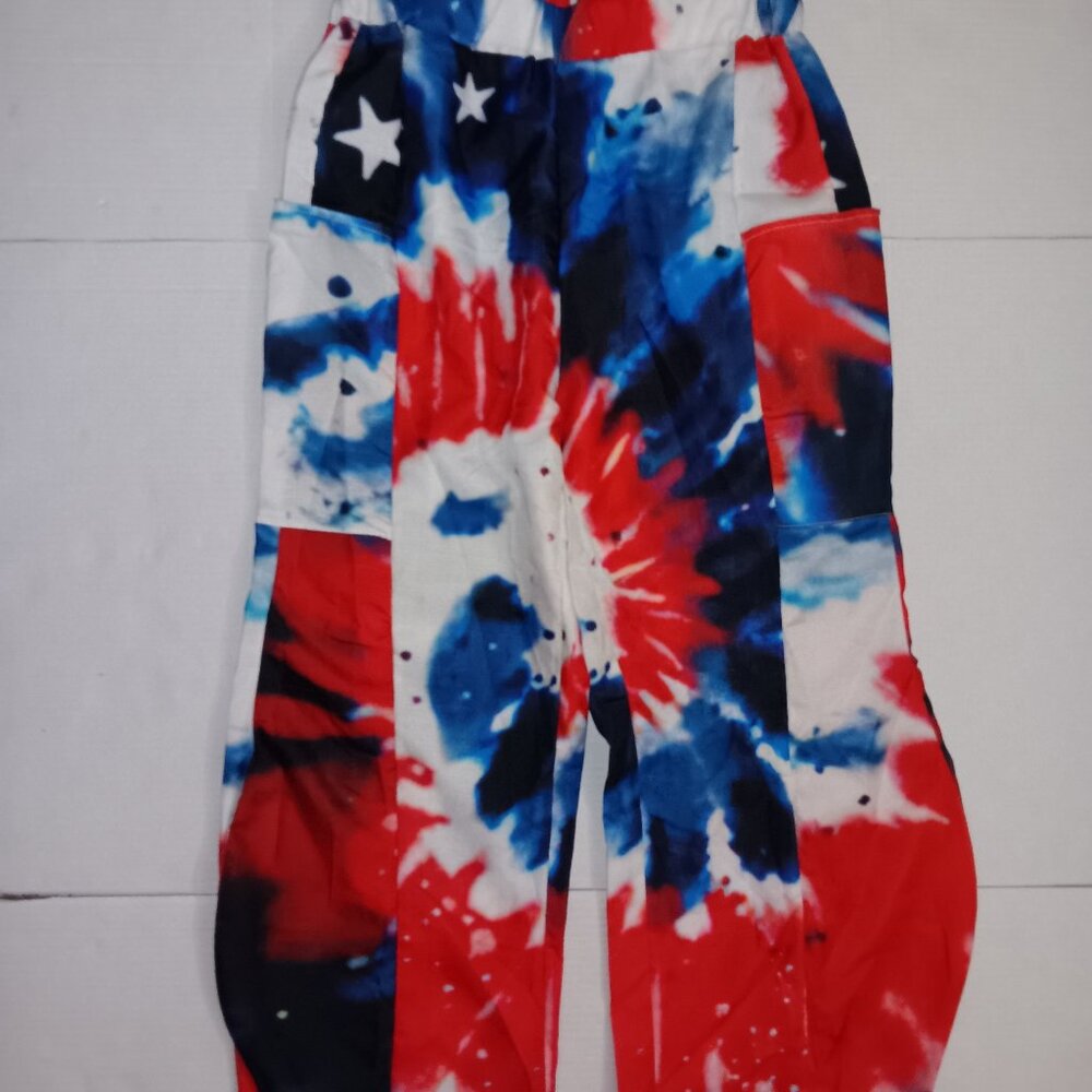 WOMEN'S PATRIOTIC RED WHITE & BLUE TIE-DYE PRINT PANTS SIZE MEDIUM